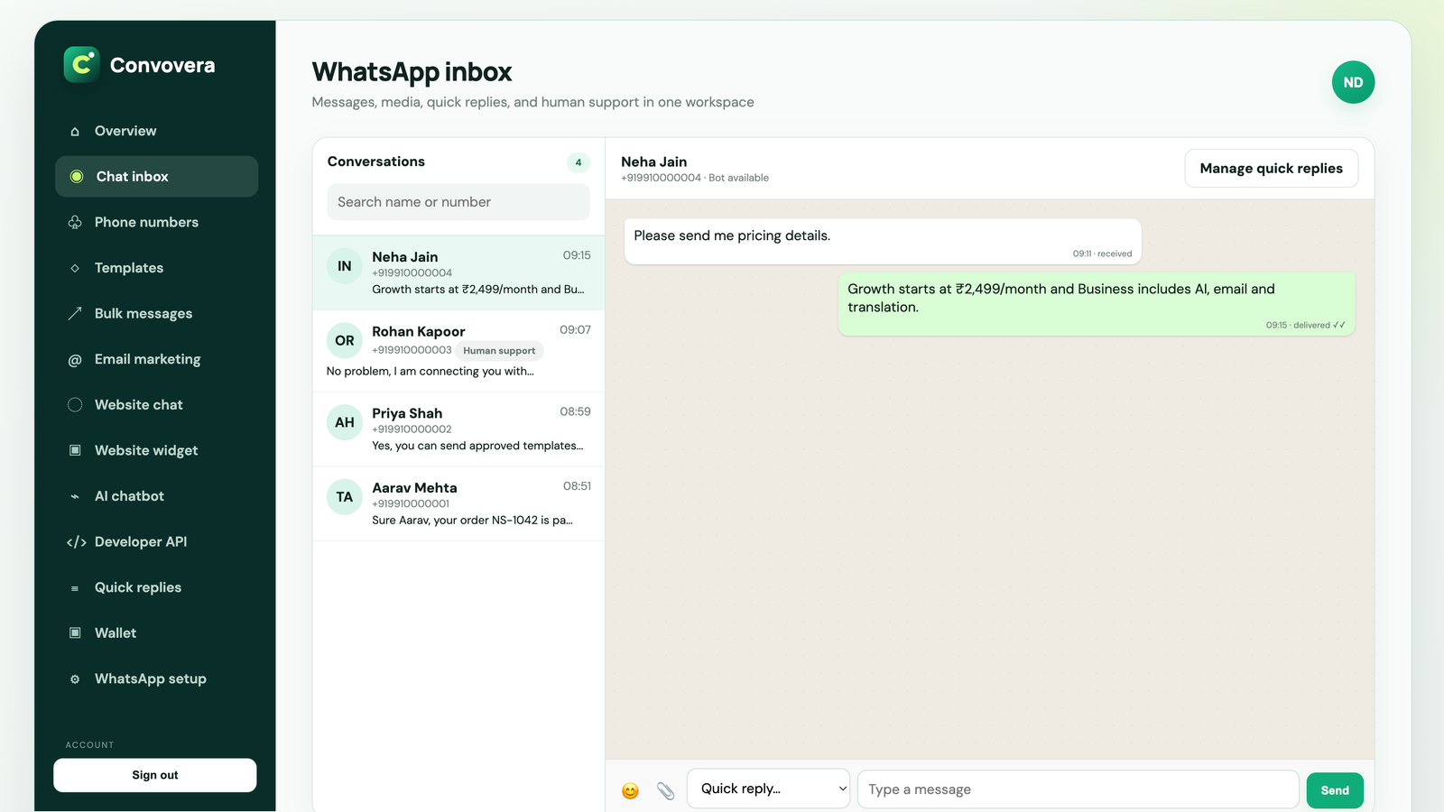 WhatsApp inbox in Convovera