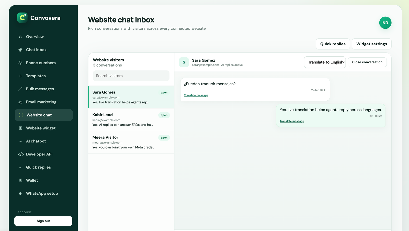Website chat inbox in Convovera